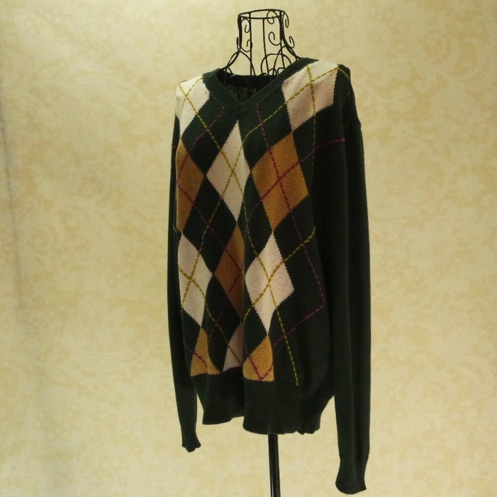 Denim&Co Green Argyle V-Neck Sweater